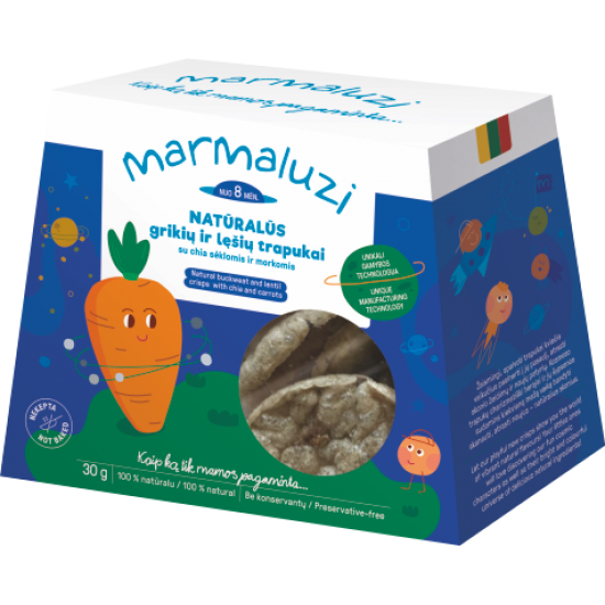 Naturalūs grikių, lęšių trapukai su ispaninio šalavijo sėklomis ir morkomis (nuo 8 mėn.), 30 g Naturalūs grikių, lęšių trapukai su ispaninio šalavijo sėklomis ir morkomis (nuo 8 mėn.), 30 g